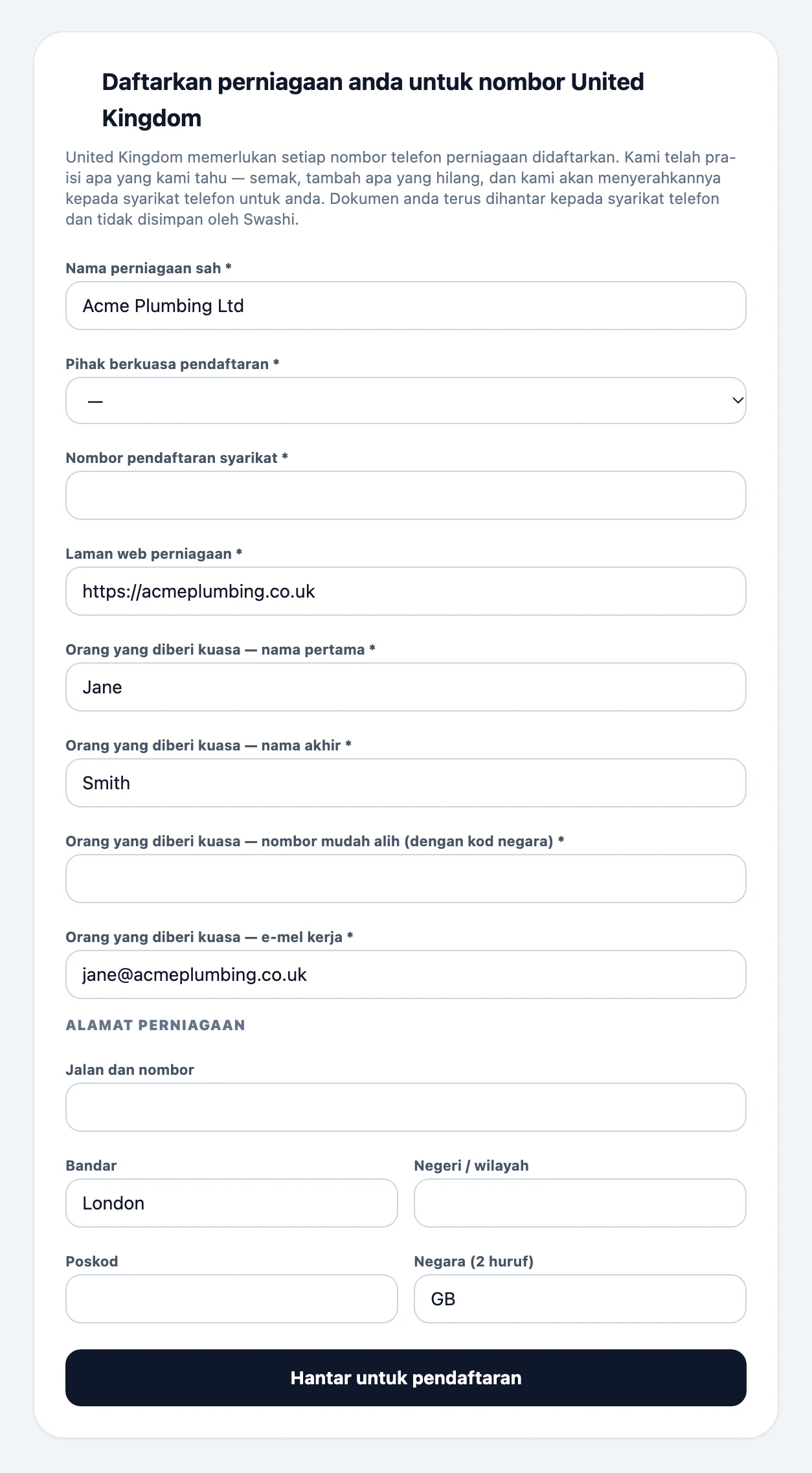 Borang pendaftaran perniagaan untuk nombor tempatan, dipraisi daripada profil Perniagaan, dengan nama perniagaan yang sah, butiran pendaftaran, orang yang diberi kuasa dan alamat perniagaan