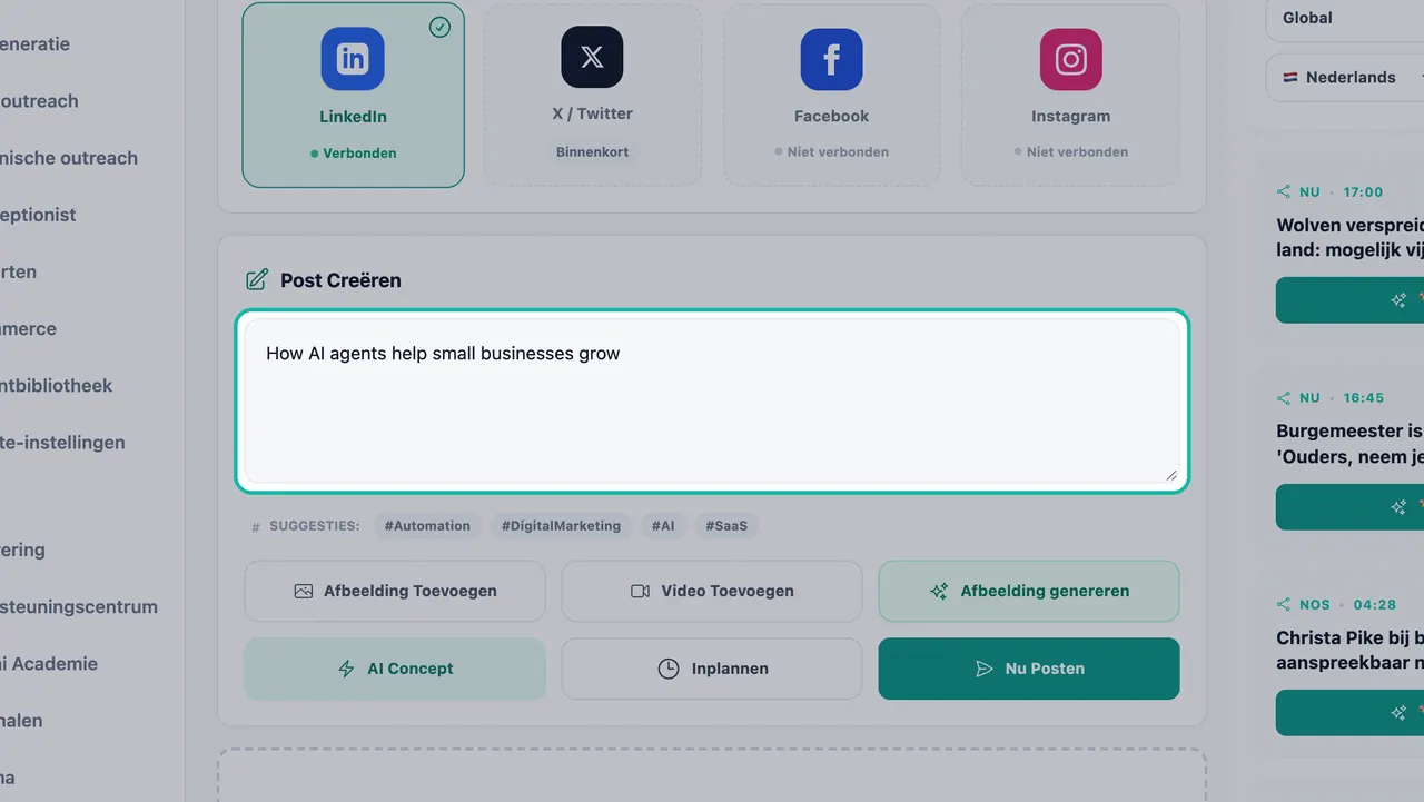 Tekstvak 'Bericht maken' in Sociale Studio gemarkeerd, met het onderwerp Hoe AI-agenten kleine bedrijven helpen groeien