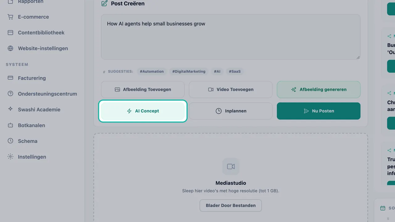 Knop AI Concept gemarkeerd onder de berichttekst en hashtagsuggesties in Sociale Studio