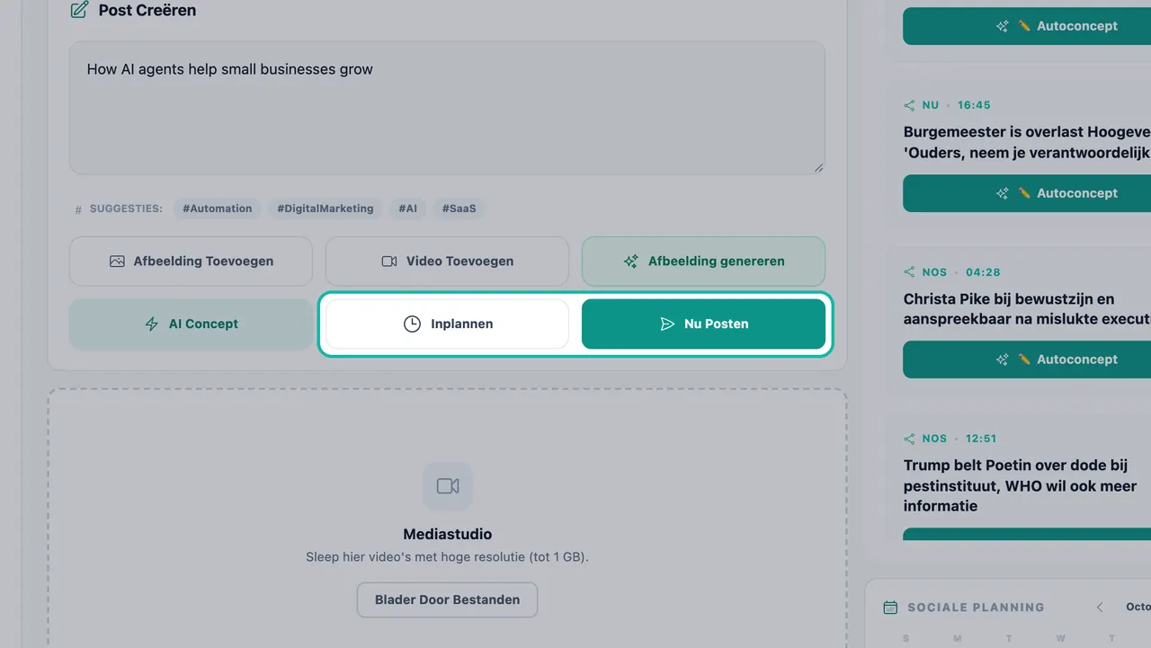 Knoppen Schema en Nu Plaatsen gemarkeerd onderaan het paneel 'Bericht maken'