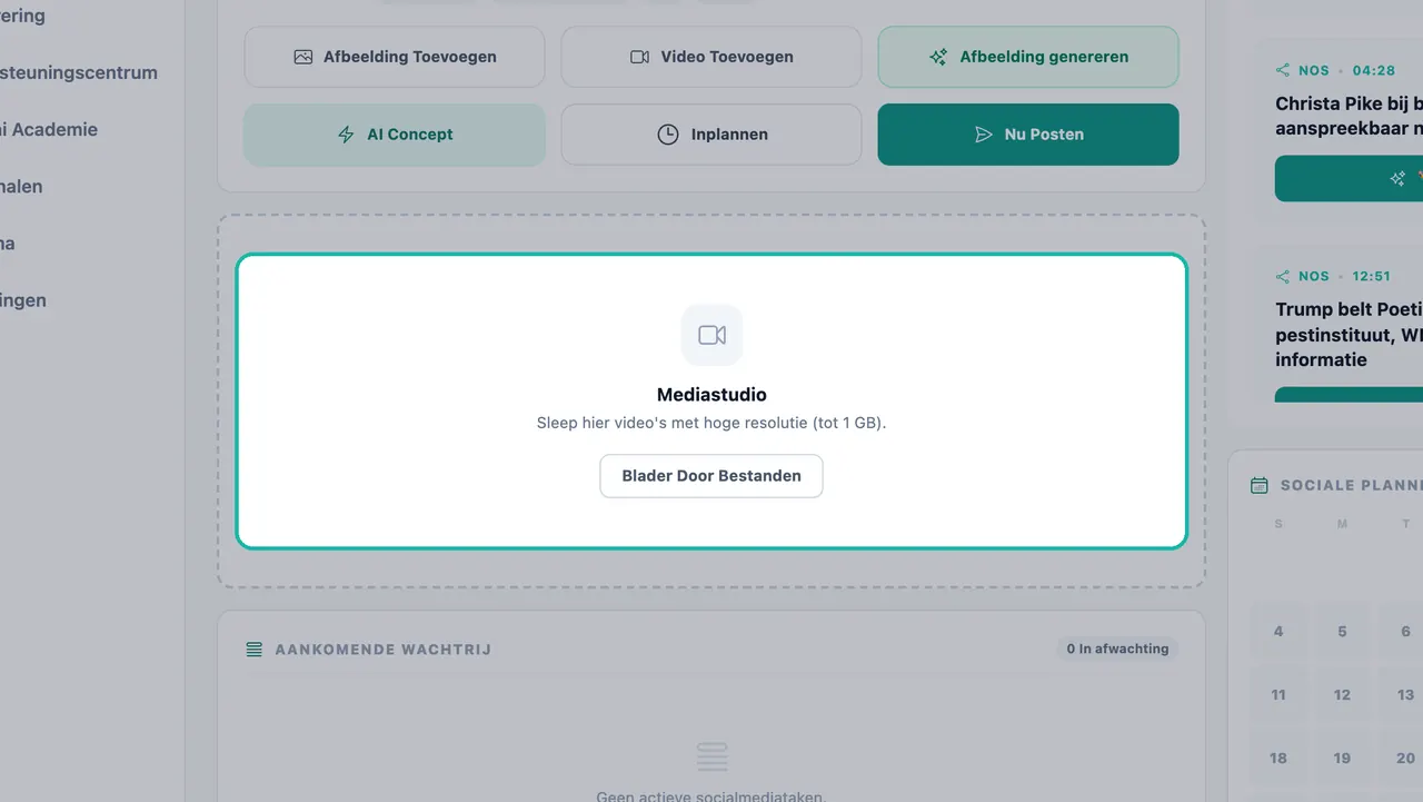 Dropzone van Mediastudio gemarkeerd met de tekst 'Sleep video's met hoge resolutie tot 1 GB hierheen' en een knop 'Blader Door Bestanden'