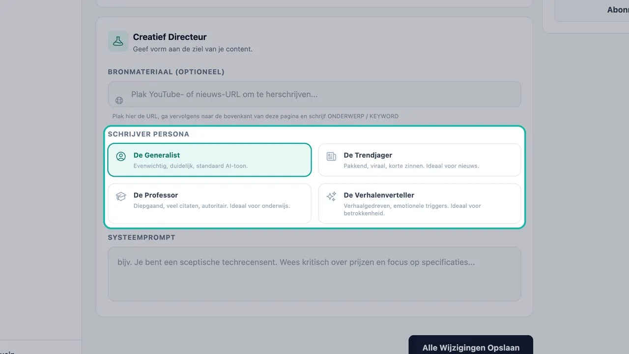 Opties voor Schrijver Persona uitgelicht: De Generalist geselecteerd, plus De Trendjager, De Professor en De Verhalenverteller