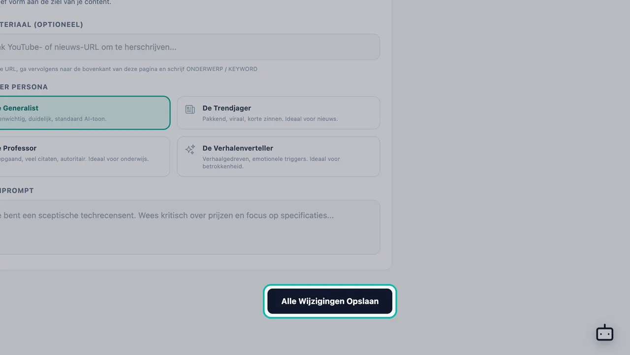 Knop Alle Wijzigingen Opslaan uitgelicht onder het paneel Creatief directeur