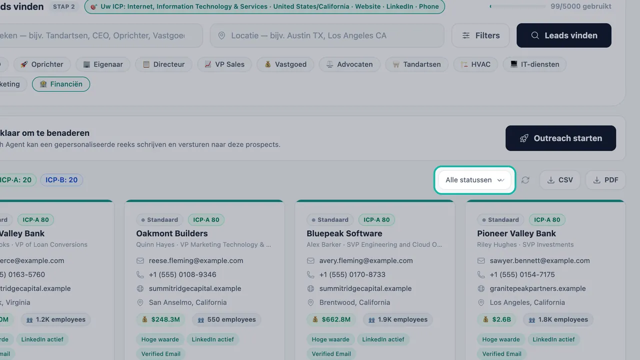 Menu 'Alle statussen' gemarkeerd boven de leadkaarten in Leadgeneratie