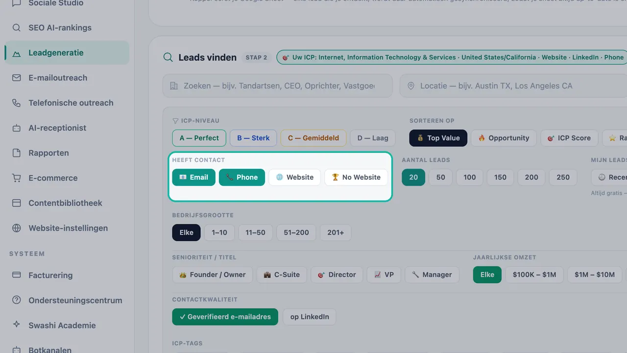 Filter 'Heeft contact' gemarkeerd met E-mail en Telefoon ingeschakeld