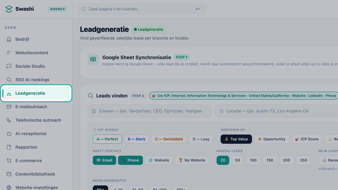 Leadgeneratie gemarkeerd in de Swashi-zijbalk, met de panelen voor Google Sheet Synchronisatie en Leads vinden op de pagina