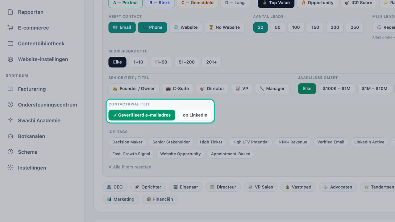 Gemarkeerd Contactkwaliteit-filter in Leadgeneratie met Geverifieerd e-mailadres ingeschakeld naast 'op LinkedIn'