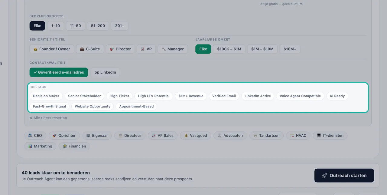 ICP-tags-sectie van het Filters-paneel uitgelicht, met Beslisser, Senior Stakeholder, High Ticket, Geverifieerde E-mail, Geschikt voor Voice Agent, Klaar voor AI en meer