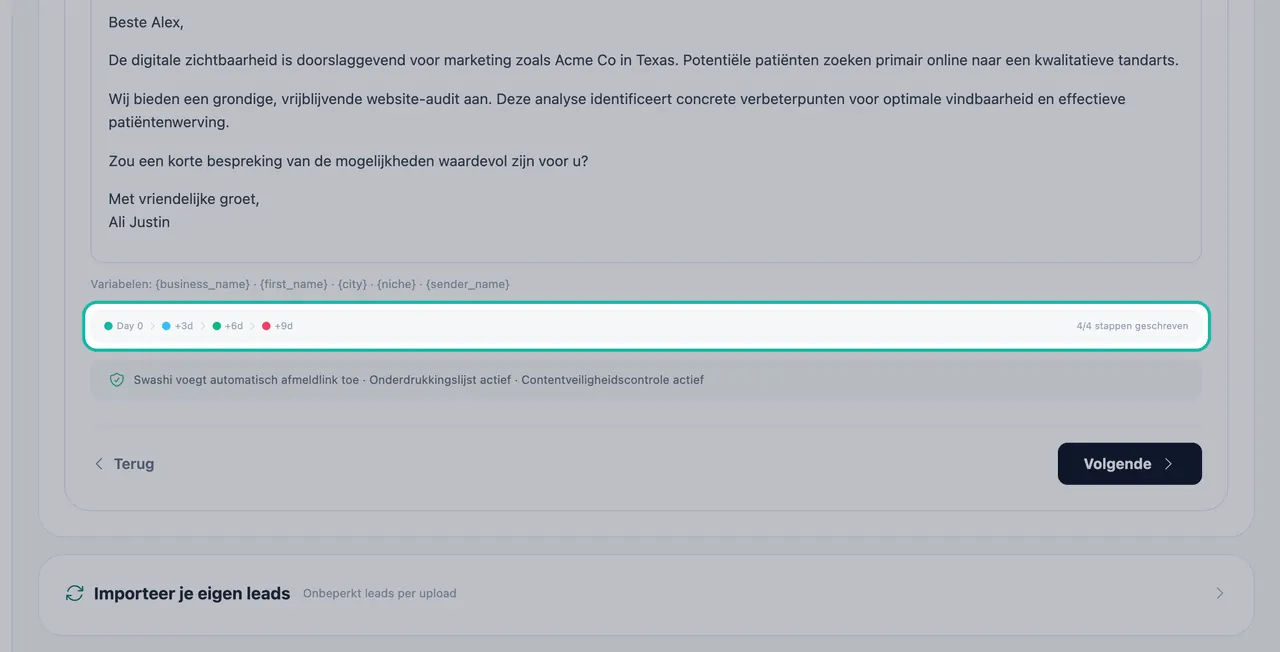 Cadansbalk gemarkeerd onder de e-mailpreview, met Dag 0, +3d, +6d en +9d
