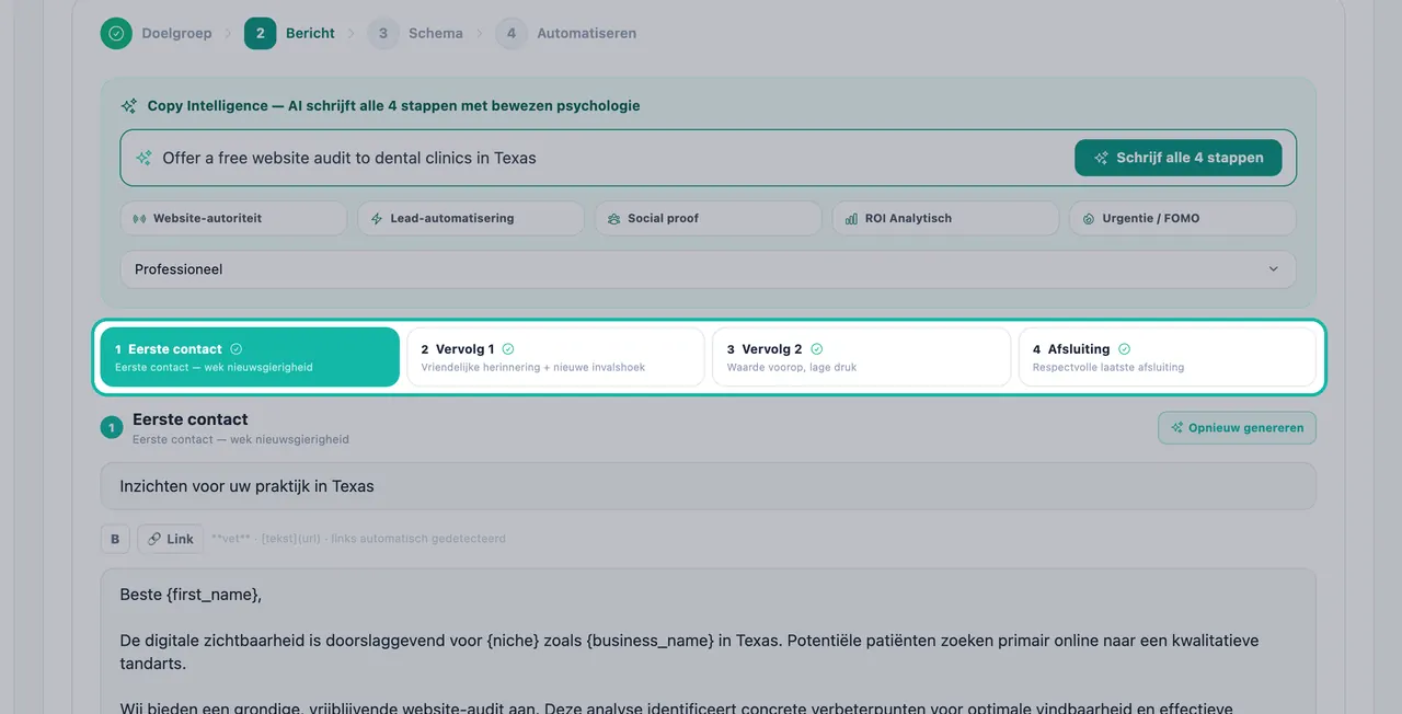 Tabbladen voor sequentiestappen gemarkeerd in E-mail Studio: Eerste contact, Opvolging 1, Opvolging 2 en Afsluiting