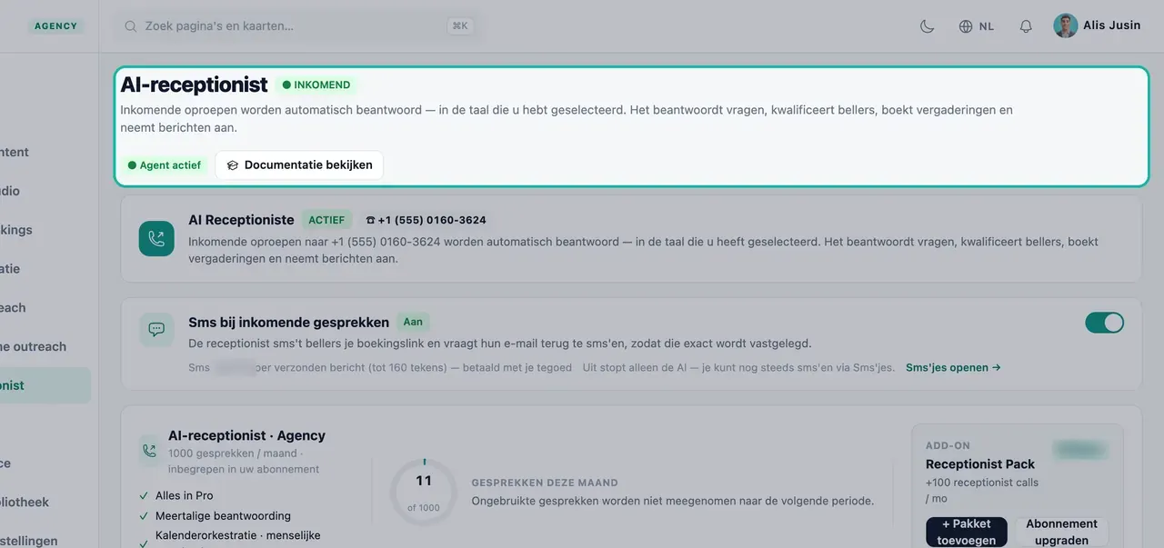 Koptekst van de AI-receptioniste-pagina uitgelicht met de INKOMEND-badge, Agent actief en een beschrijving van wat de receptioniste doet