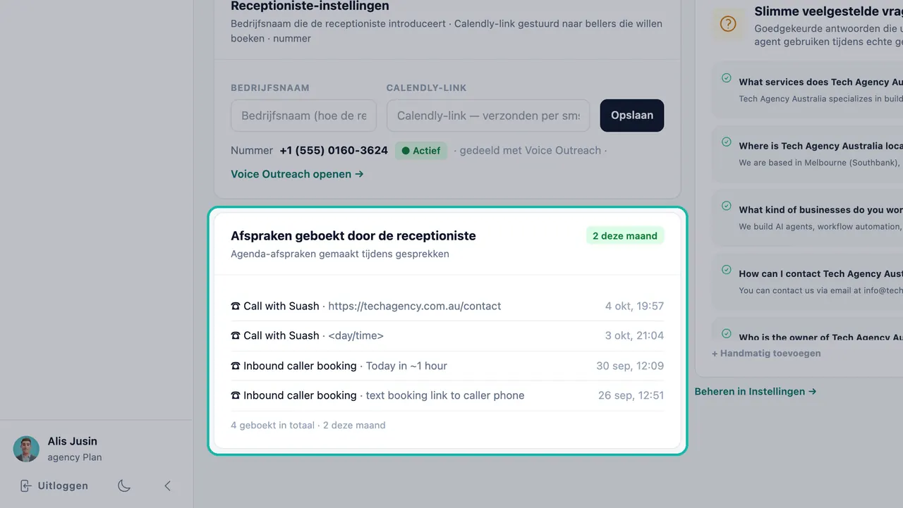 Kaart 'Afspraken ingepland door de receptioniste' uitgelicht met vier afspraken en een '2 deze maand'-badge