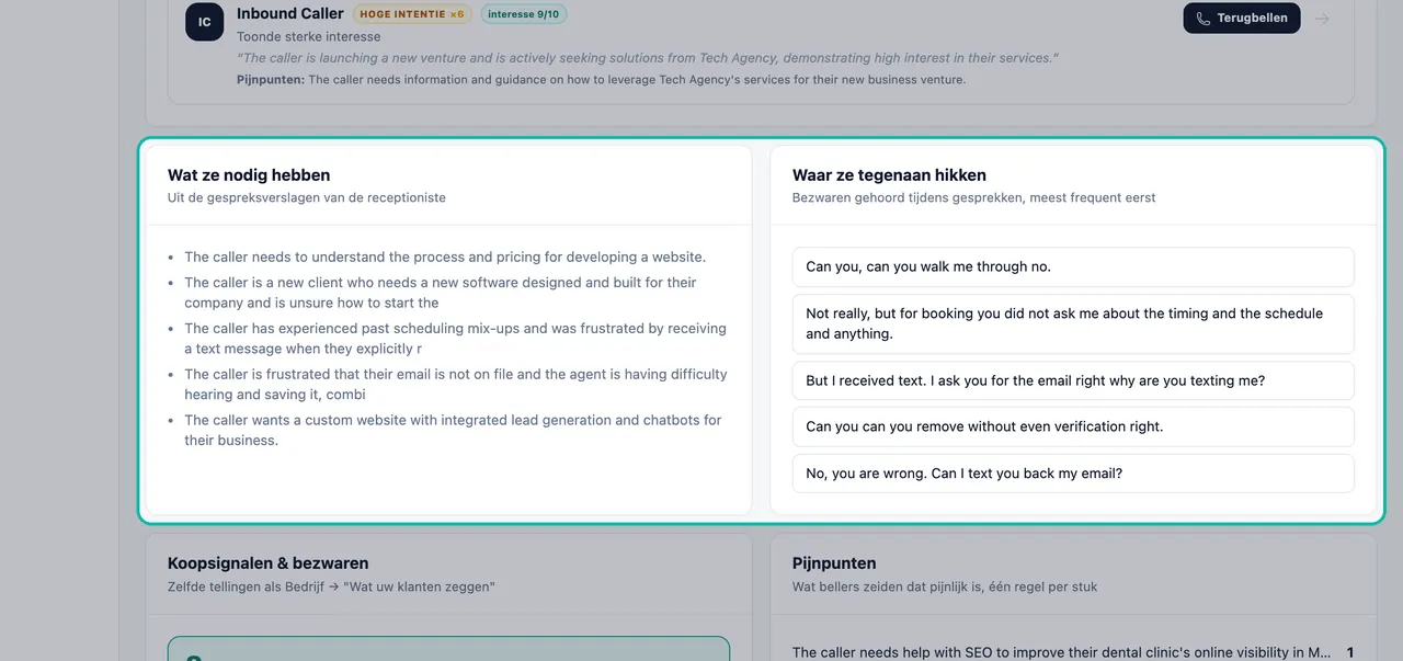 Panels 'Wat ze nodig hebben' en 'Waar ze tegenaan hikken' uitgelicht met behoeften en bezwaren samengevat uit gesprekken