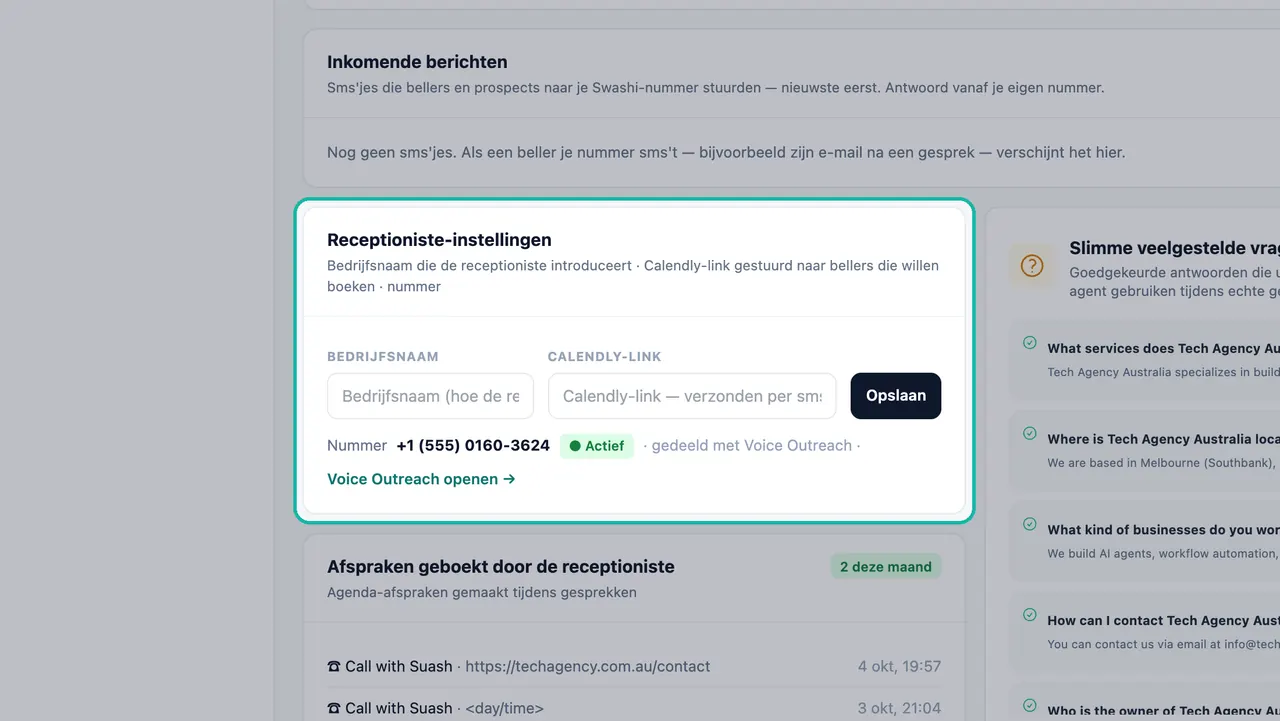 Kaart met Receptioniste-instellingen uitgelicht met de velden Bedrijfsnaam en Calendly-link, een Opslaan-knop en het gedeelde 555-nummer gemarkeerd als Actief