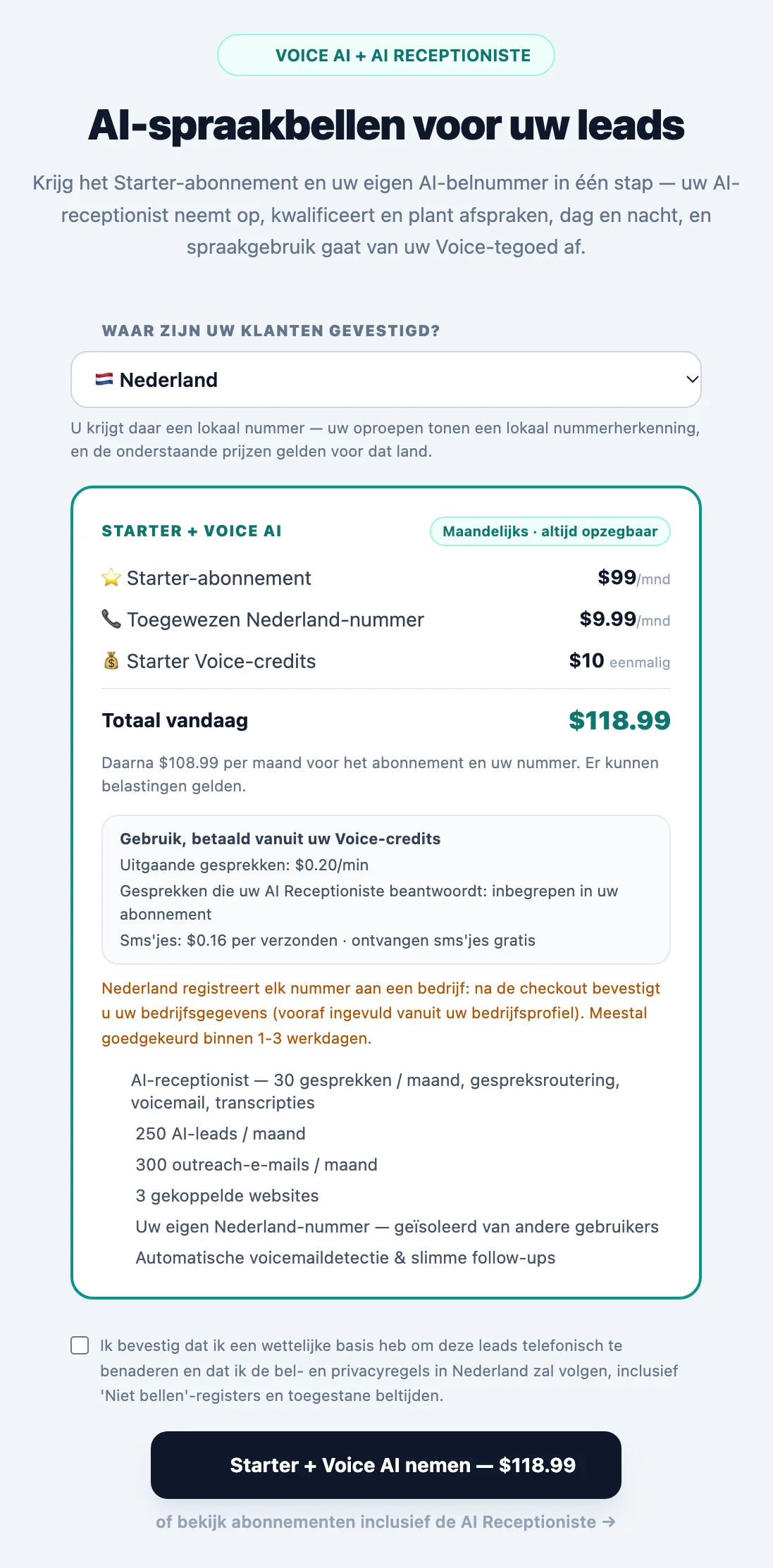 Activatiekaart voor Telefonische outreach met het landmenu Waar zijn uw klanten gevestigd?, het abonnement, het eigen lokale nummer, starttegoed, de bel- en sms-tarieven en de registratie-opmerking voor dat land