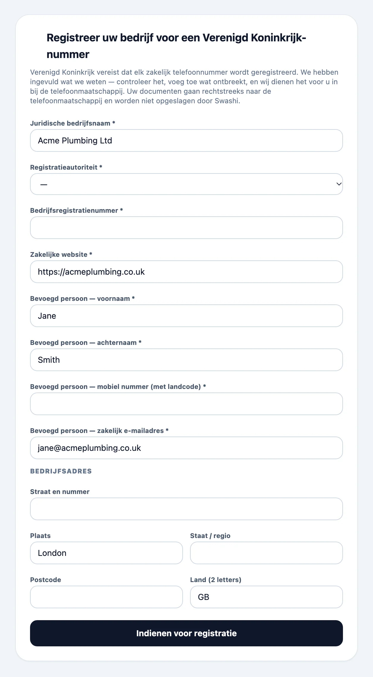 Bedrijfsregistratieformulier voor een lokaal nummer, vooraf ingevuld vanuit het Bedrijfsprofiel, met de wettelijke bedrijfsnaam, registratiegegevens, de bevoegde persoon en het bedrijfsadres