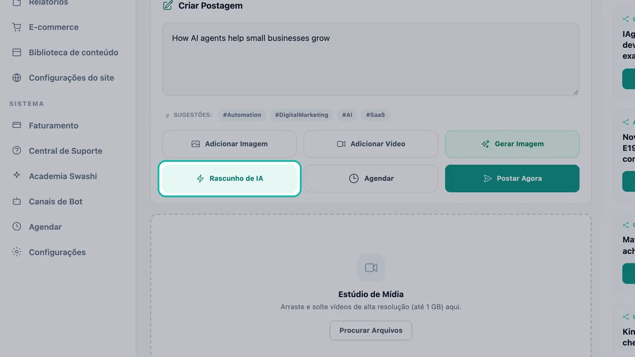 Botão Rascunho de IA destacado abaixo do texto do post e das sugestões de hashtag no Estúdio Social