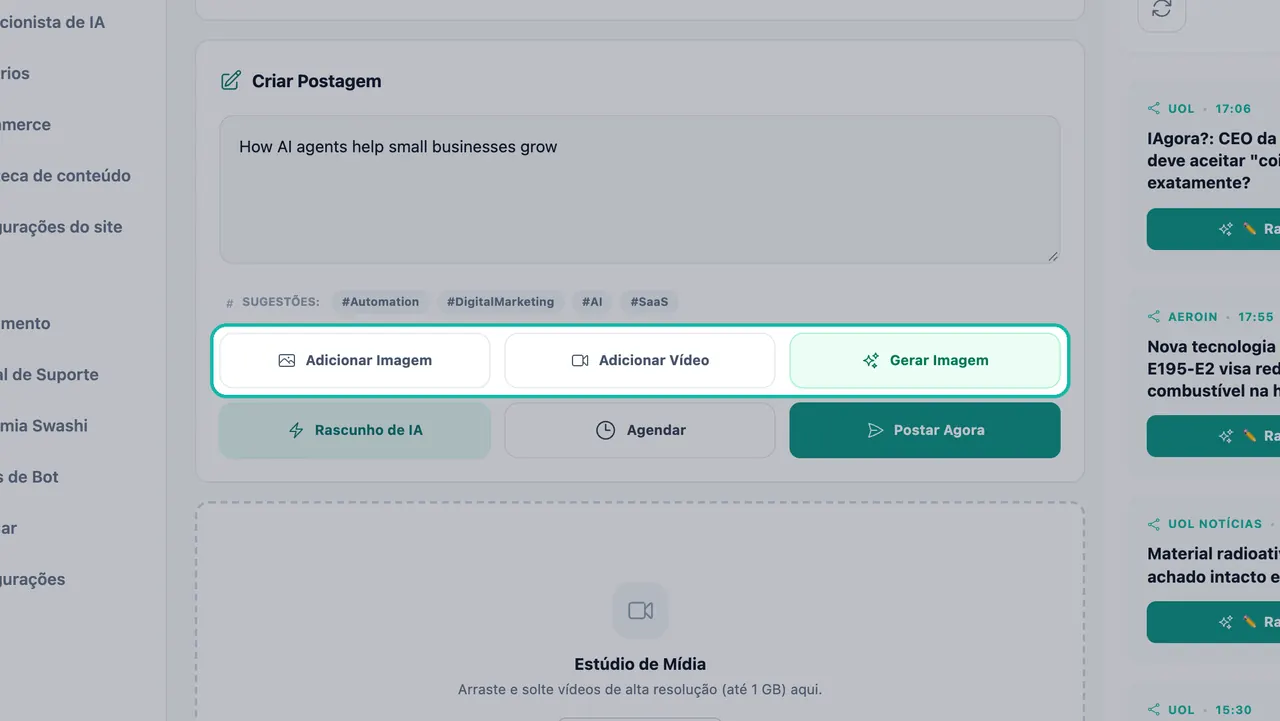 Botões Adicionar Imagem, Adicionar Vídeo e Gerar Imagem destacados sob a caixa Criar Post