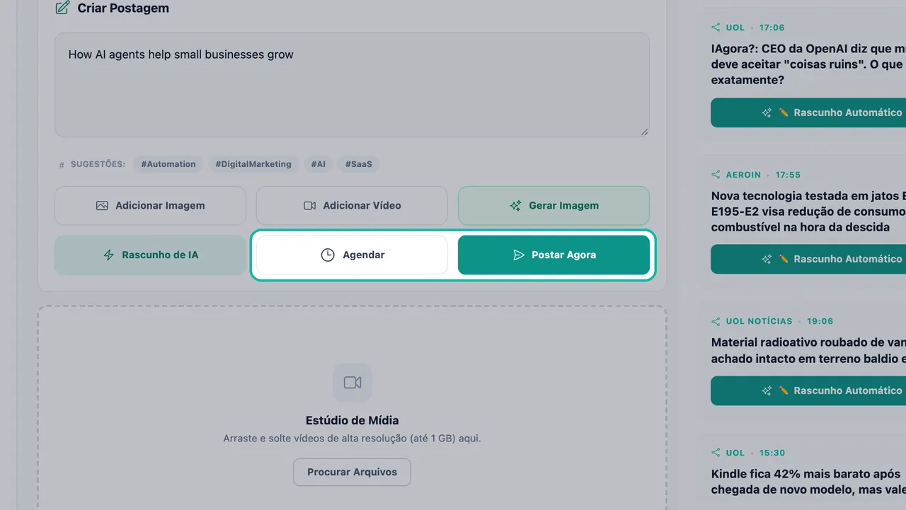 Botões Agendar e Publicar Agora destacados na parte inferior do painel Criar Post