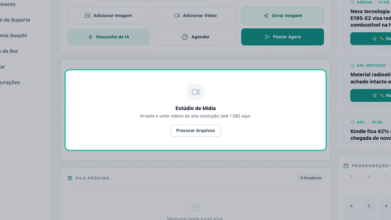 Área de upload do Estúdio de Mídia destacada com o texto Arraste e solte vídeos de alta resolução de até 1GB e um botão Procurar Arquivos