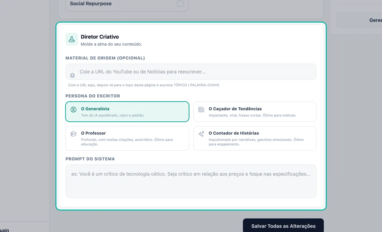 Painel do Diretor Criativo destacado com Material de Origem, quatro cartões de Persona do Escritor e a caixa de Prompt do Sistema
