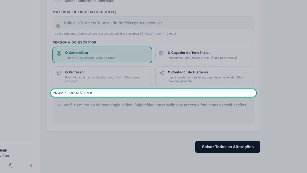 Rótulo Prompt do Sistema destacado acima da caixa de instruções com um exemplo sobre um revisor de tecnologia cético