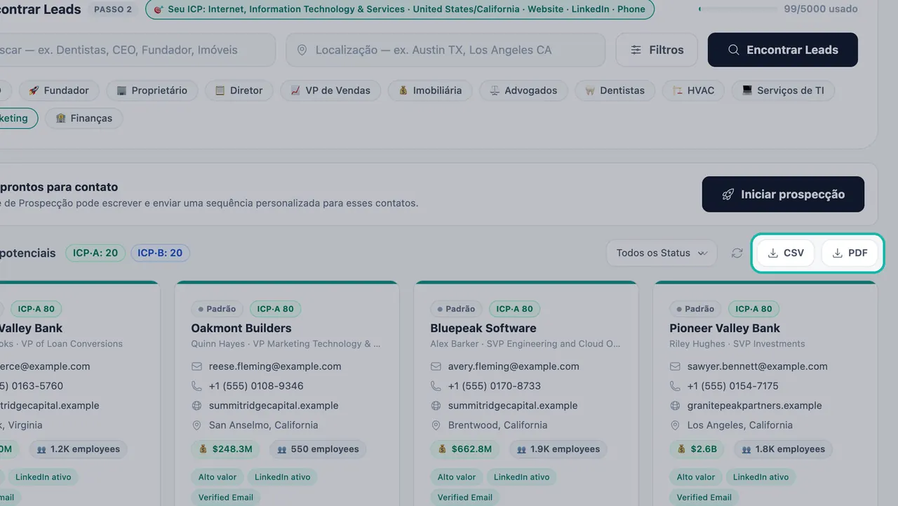 Botões de exportação CSV e PDF destacados acima dos cards de clientes potenciais em Geração de leads