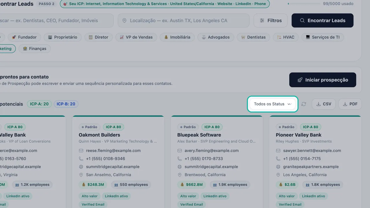 Menu Todos os Status destacado acima dos cards de leads na Geração de leads