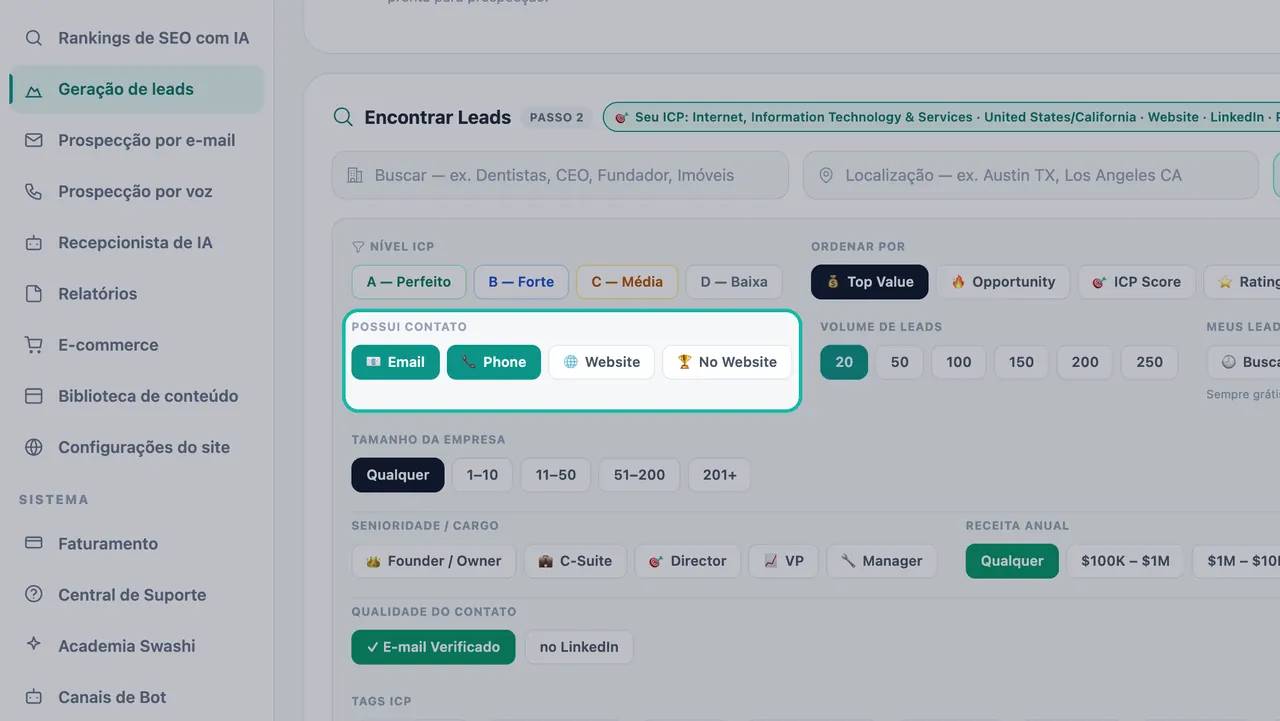 Filtro Possui Contato destacado com E-mail e Telefone ativados