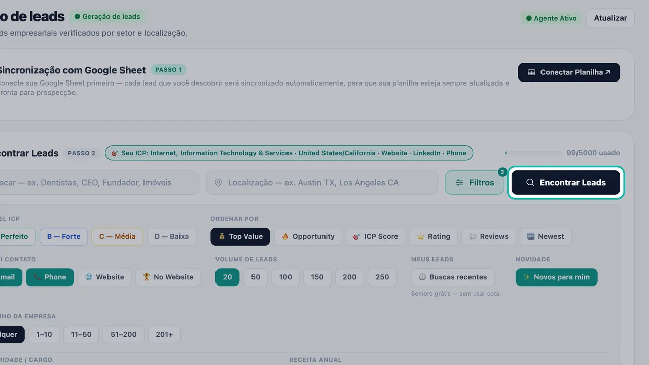 Botão Encontrar Leads destacado ao lado dos campos de busca e localização, com a linha Seu ICP e a barra de créditos usados 99/5000