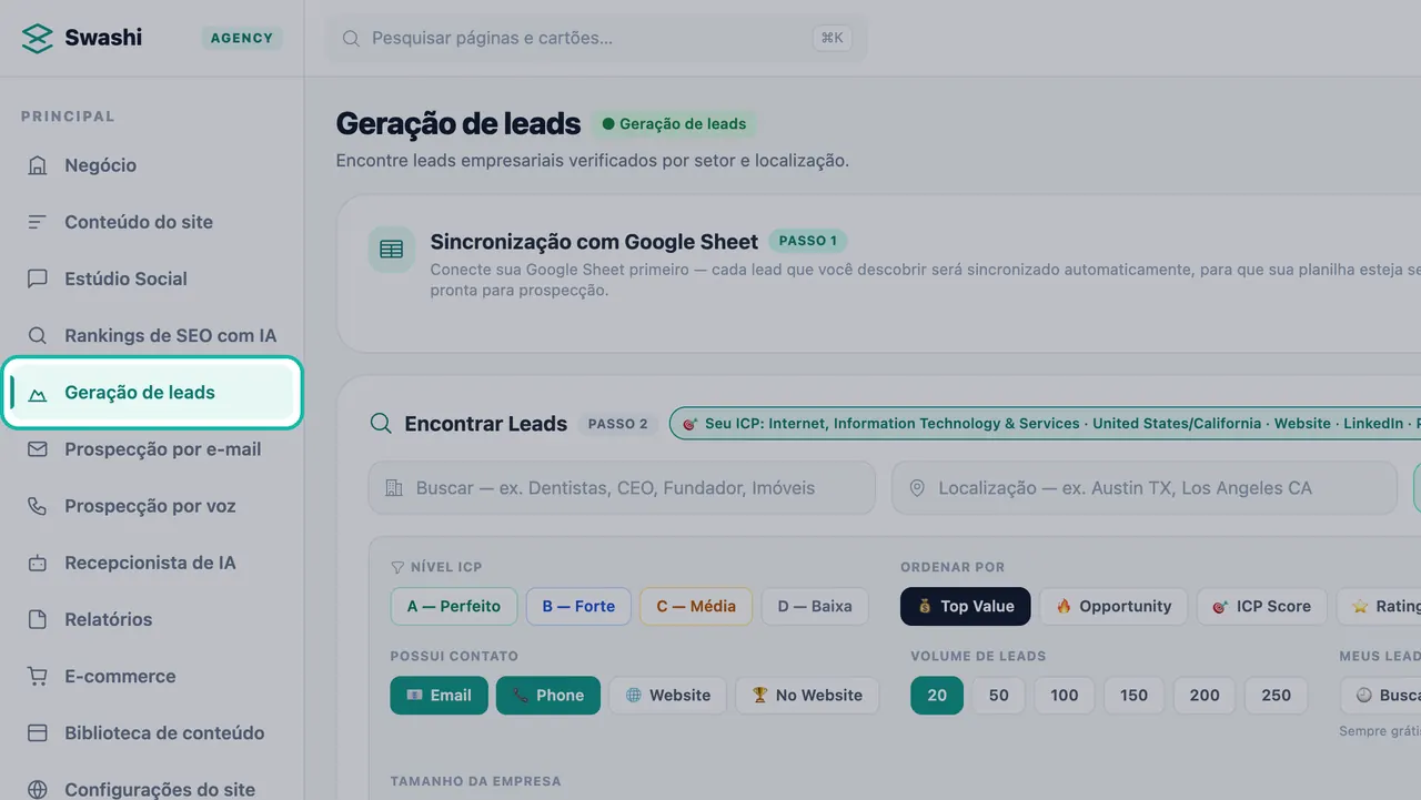 Geração de leads destacada na barra lateral do Swashi, com os painéis de Sincronização com Google Sheet e Encontrar Leads na página