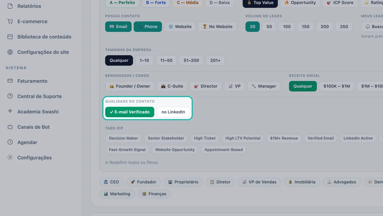 Filtro Qualidade do Contato destacado em Geração de leads com ✓ E-mail Verificado ativado ao lado de no LinkedIn