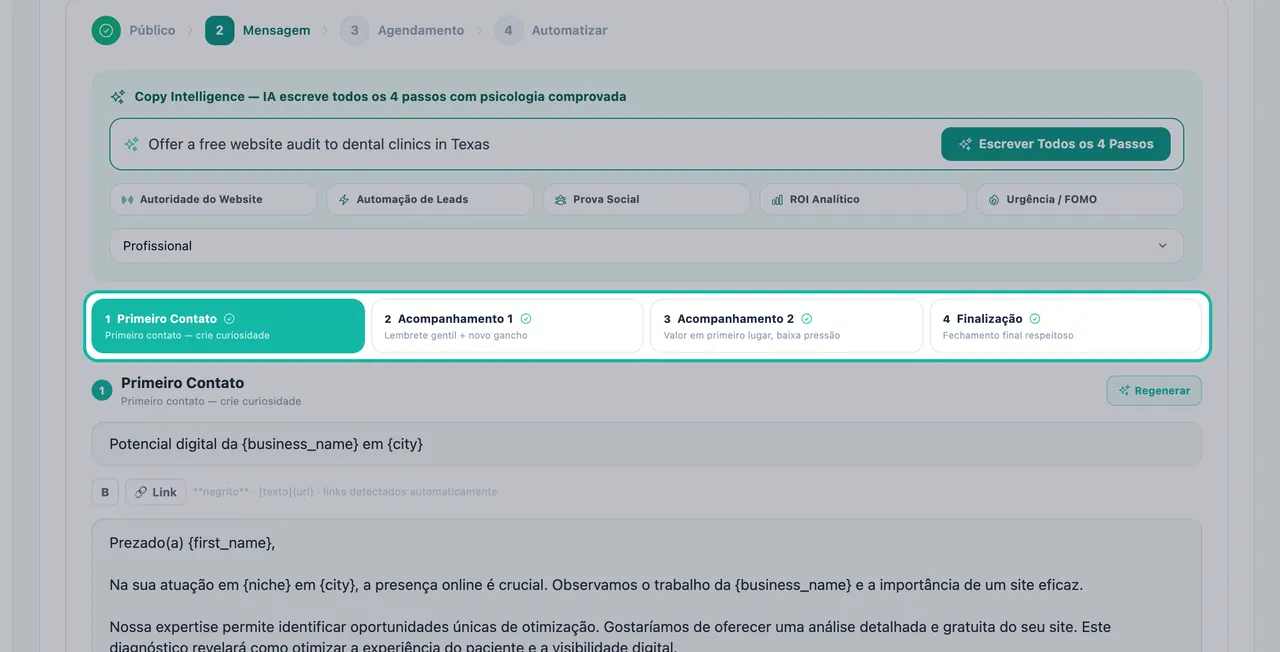 Abas da etapa da sequência destacadas no Estúdio de E-mail: Primeiro Contato, Acompanhamento 1, Acompanhamento 2 e Finalização