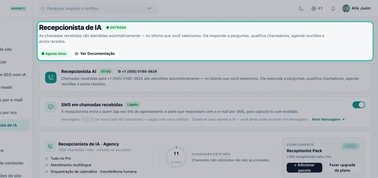 Cabeçalho da página da Recepcionista de IA destacado com o selo ENTRADA, Agente Ativo e uma descrição do que a recepcionista faz