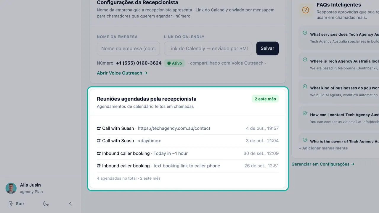 Cartão de Reuniões agendadas pela recepcionista destacado com quatro agendamentos e um selo de 2 este mês