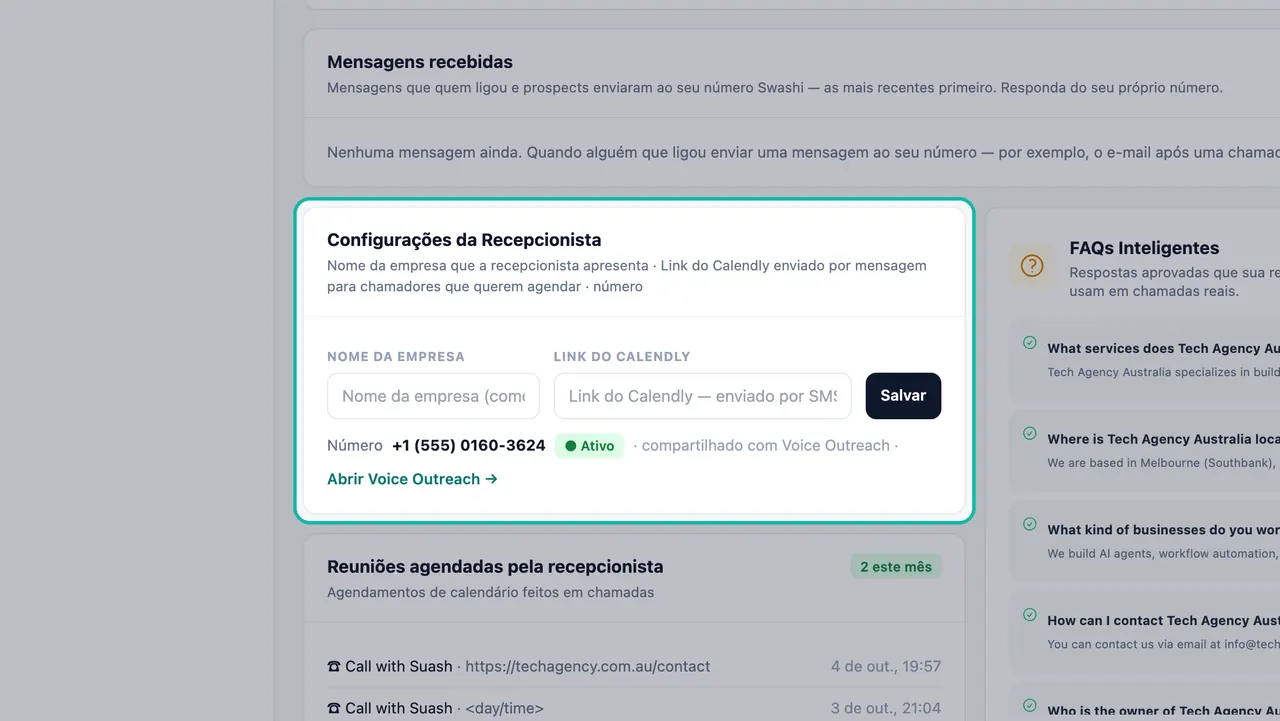 Cartão de Configurações da Recepcionista destacado com os campos Nome da empresa e Link do Calendly, um botão Salvar e o número 555 compartilhado marcado como Ativo