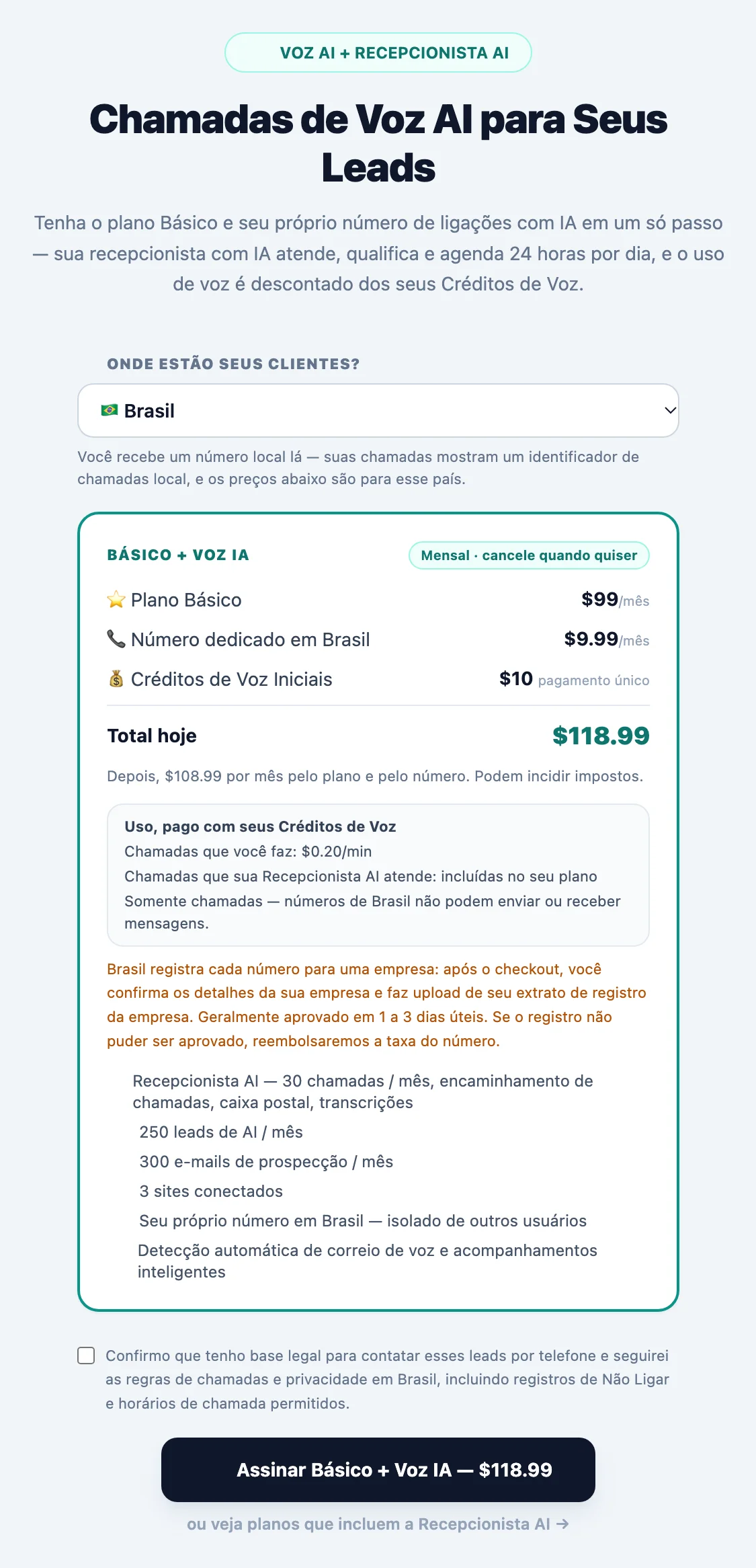 Card de ativação da Prospecção por voz com o menu de país Onde estão seus clientes?, o plano, o número local dedicado, os créditos iniciais, as tarifas de chamada e SMS e a nota de registro para esse país