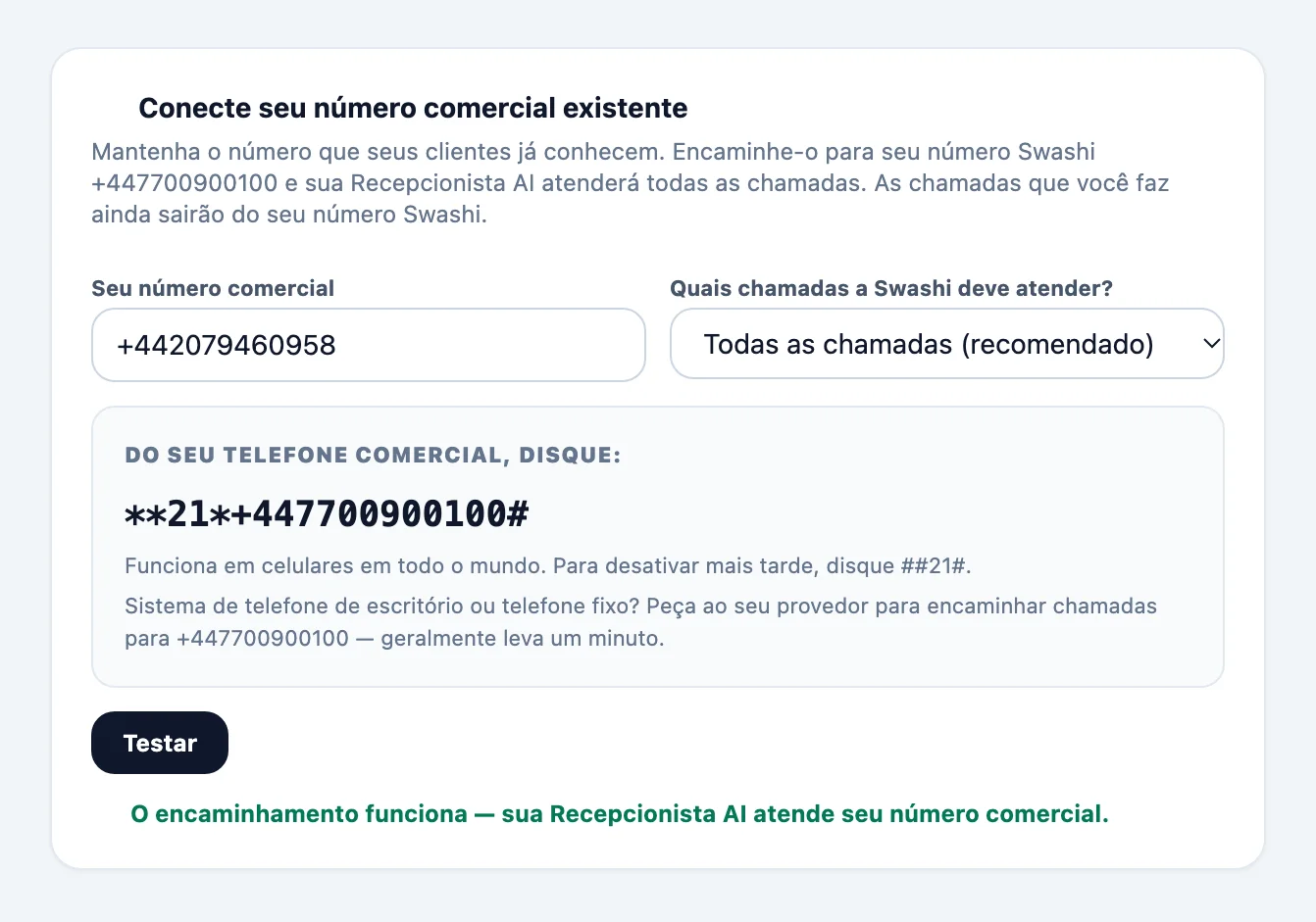 Card 'Conecte seu número comercial existente' na Prospecção por voz com o número comercial, o menu 'Quais chamadas a Swashi deve atender?', o código de discagem para copiar e o botão Testar