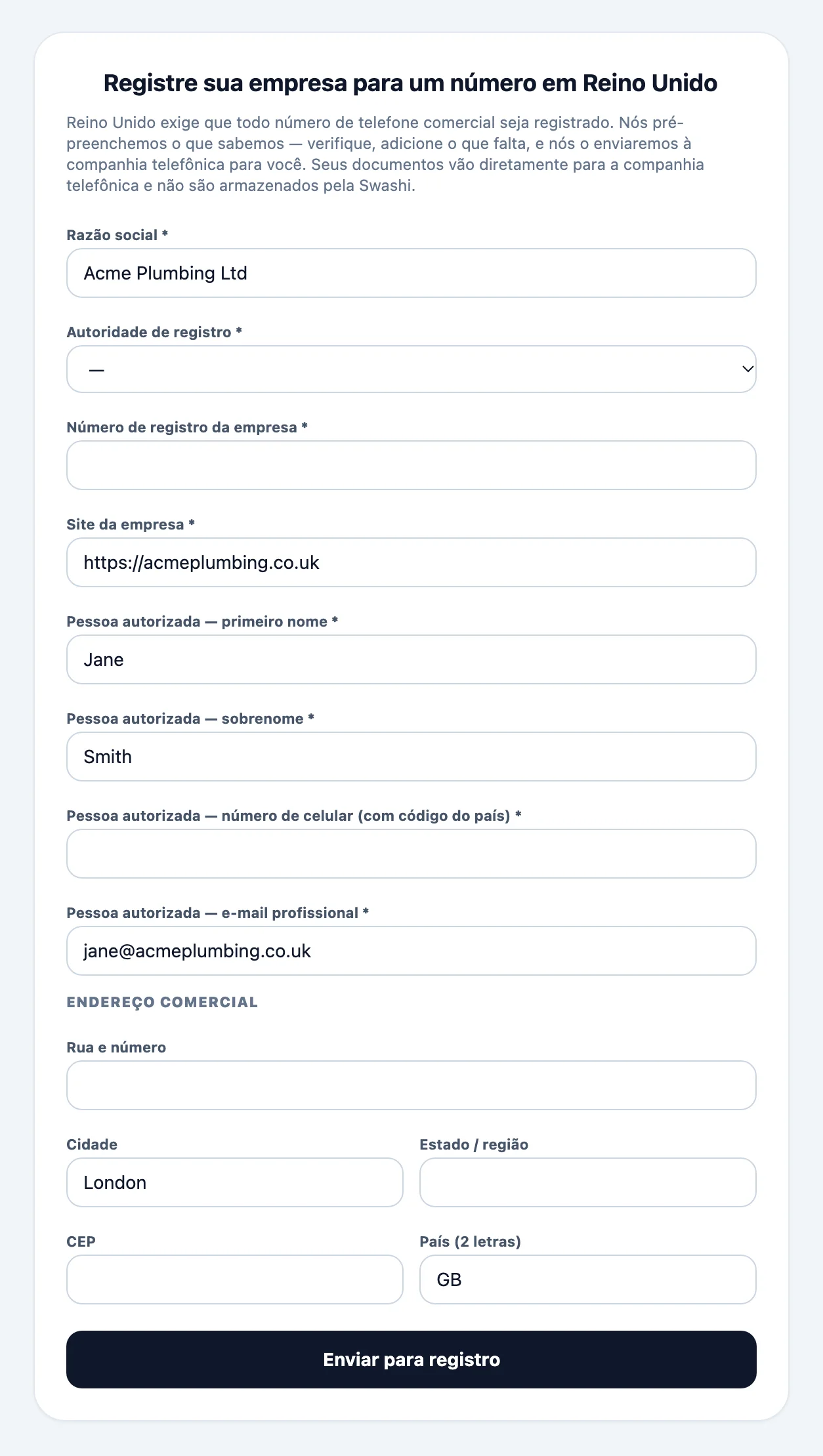 Formulário de registro de empresa para um número local, pré-preenchido a partir do perfil de Negócio, com a razão social, detalhes de registro, a pessoa autorizada e o endereço comercial