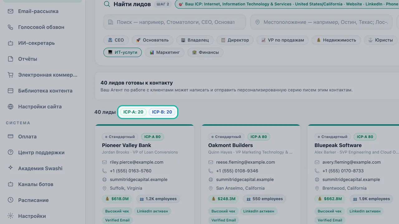 Счётчики результатов ICP-A: 20 и ICP-B: 20 выделены над карточками лидов