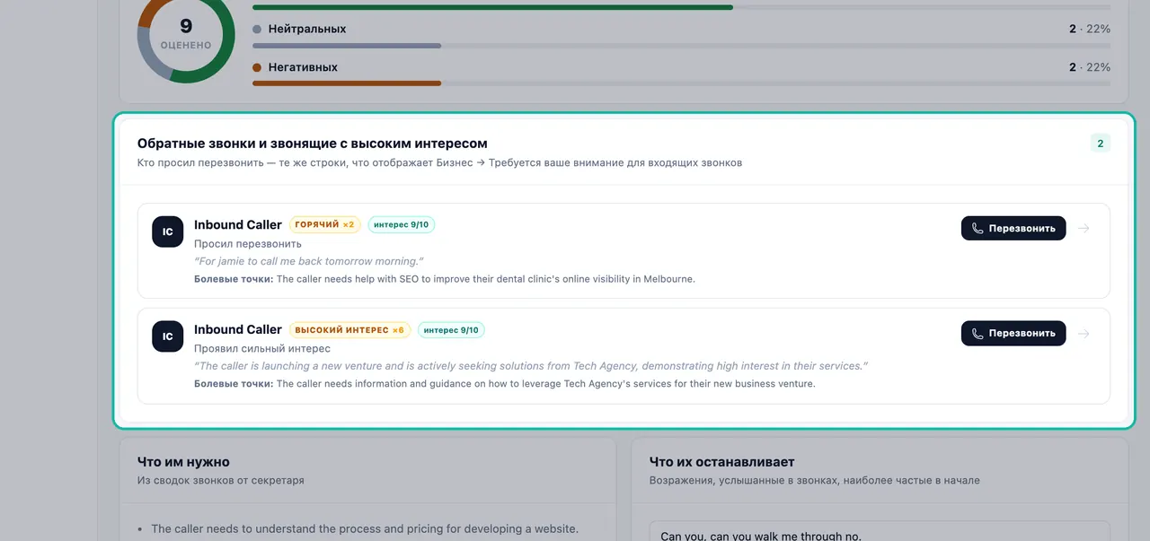 Список обратных звонков и заинтересованных клиентов с выделенными оценками интереса, болевыми точками и кнопками «Перезвонить»