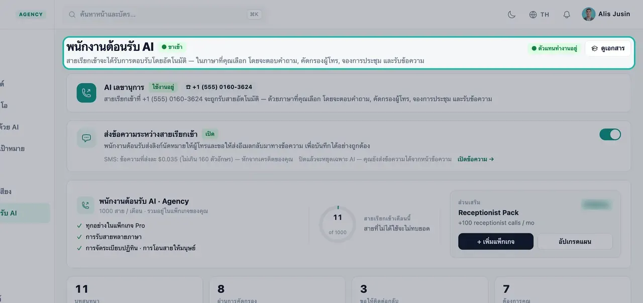ส่วนหัวของหน้าพนักงานต้อนรับ AI ที่ไฮไลต์ป้ายขาเข้า, ตัวแทนทำงานอยู่ และคำอธิบายการทำงานของพนักงานต้อนรับ