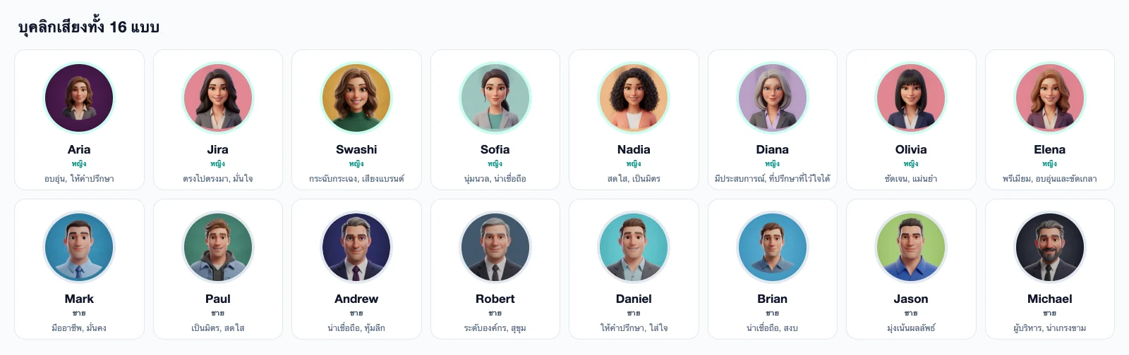 บุคลิกเสียงทั้ง 16 แบบของ Swashi: Aria, Jira, Swashi, Sofia, Nadia, Diana, Olivia และ Elena (หญิง); Mark, Paul, Andrew, Robert, Daniel, Brian, Jason และ Michael (ชาย) พร้อมโทนเสียงของแต่ละคน