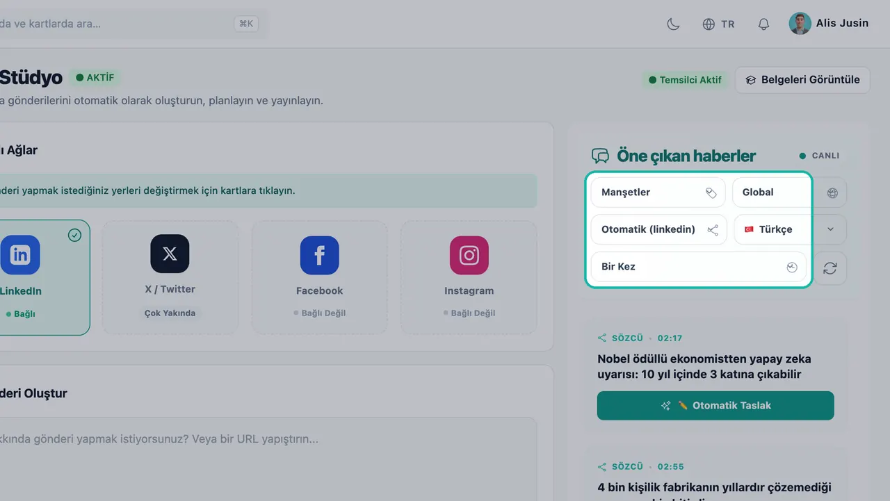Öne çıkan haberler kontrolleri vurgulanmış: konu Pazarlama, bölge Global, ağ Otomatik (linkedin), dil İngilizce ve sıklık Bir Kez