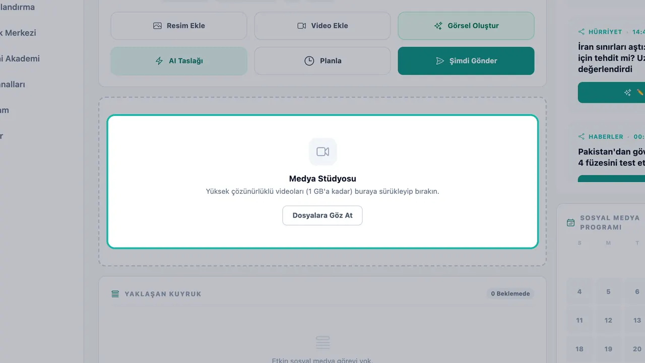 1 GB'a kadar yüksek çözünürlüklü videoları sürükleyip bırakın metni ve Dosyalara Göz At düğmesi ile vurgulanmış Medya Stüdyosu bırakma alanı
