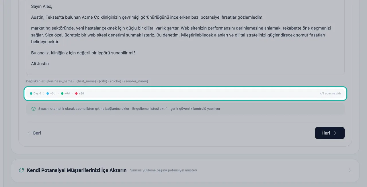 E-posta önizlemesinin altında 0. Gün, +3g, +6g ve +9g gösteren vurgulanmış gönderim sıklığı çubuğu