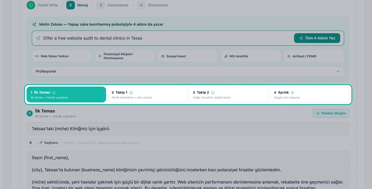 E-posta Stüdyosu'nda vurgulanan Sıra adımı sekmeleri: İlk Temas, Takip 1, Takip 2 ve Ayrılık