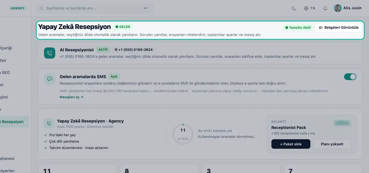 Yapay Zeka Resepsiyonist sayfası başlığında GELEN rozeti, Temsilci Aktif durumu ve resepsiyonistin ne yaptığını açıklayan bir metin vurgulanmış
