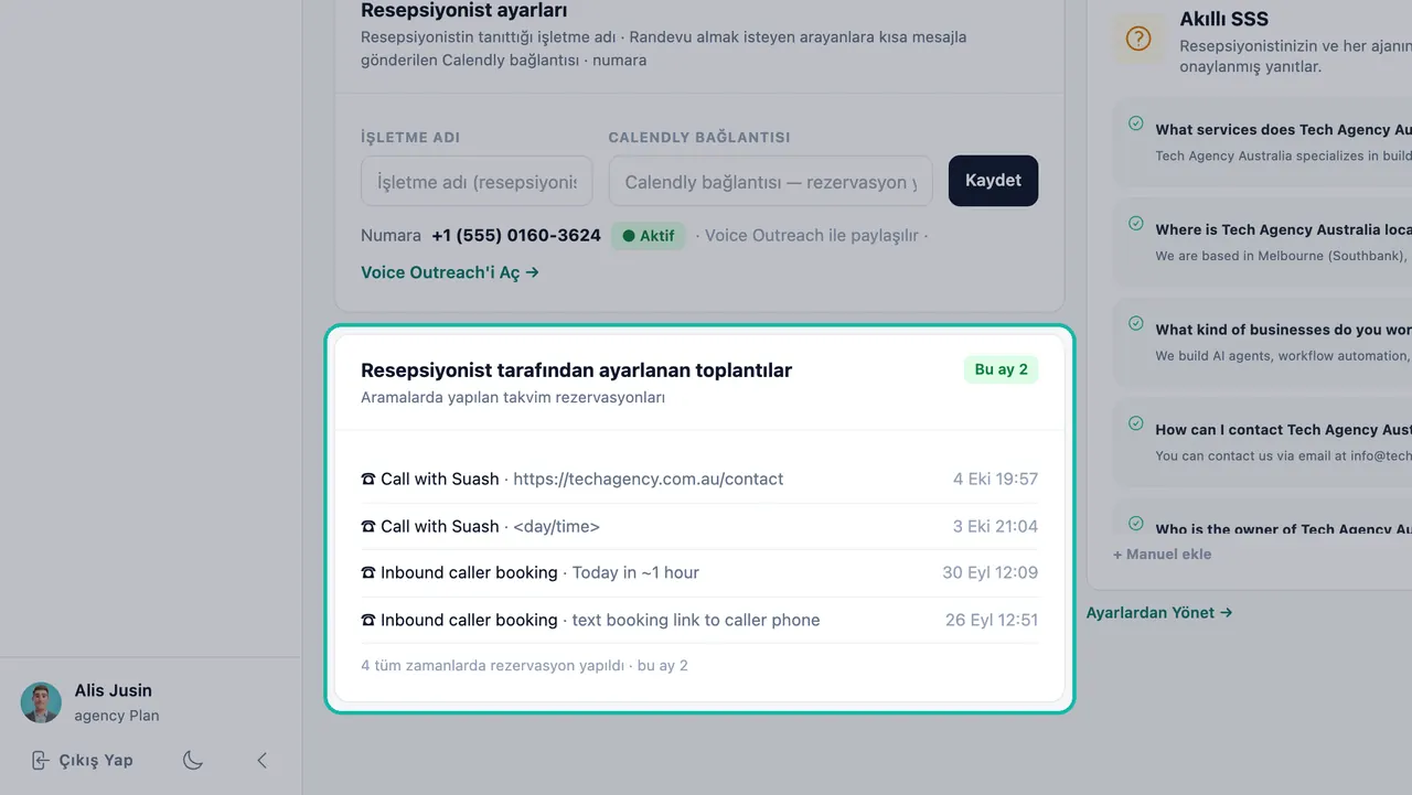 Dört rezervasyon ve bu ay 2 rozetiyle vurgulanmış Resepsiyonist tarafından ayarlanan toplantılar kartı