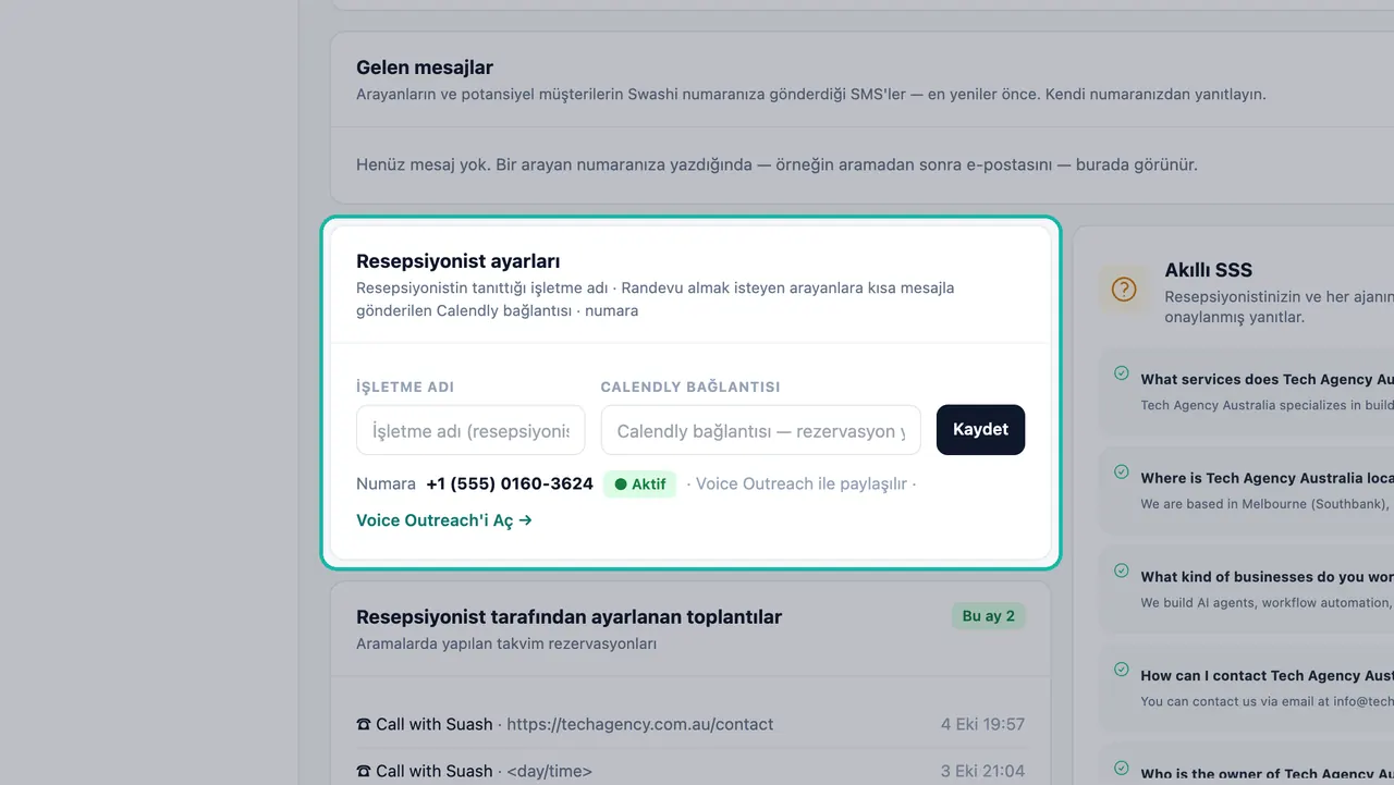 İşletme adı ve Calendly bağlantısı alanları, Kaydet düğmesi ve Aktif olarak işaretlenmiş paylaşılan 555 numarasını gösteren Resepsiyonist ayarları kartı vurgulanmış